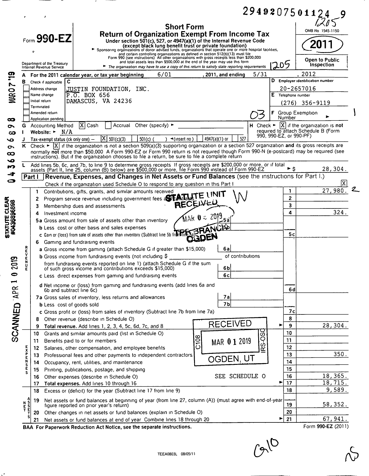 Image of first page of 2011 Form 990EZ for Justin Foundation