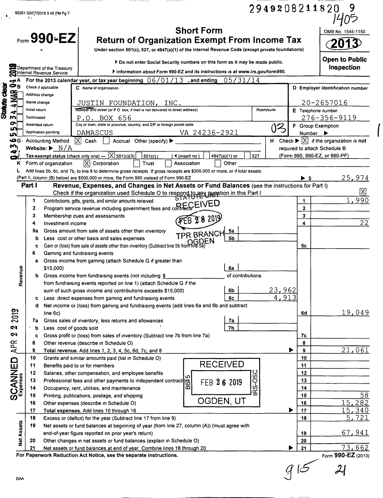 Image of first page of 2013 Form 990EZ for Justin Foundation