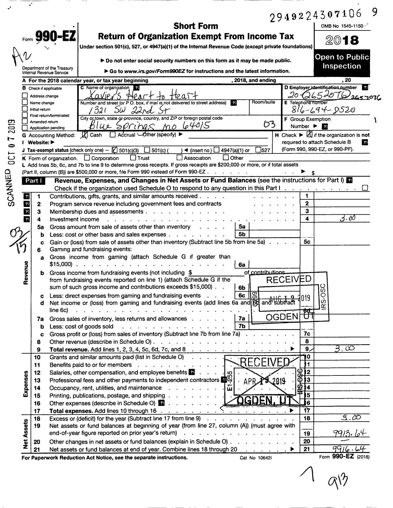 Image of first page of 2018 Form 990EZ for Xaviers Heart To Heart Foundation