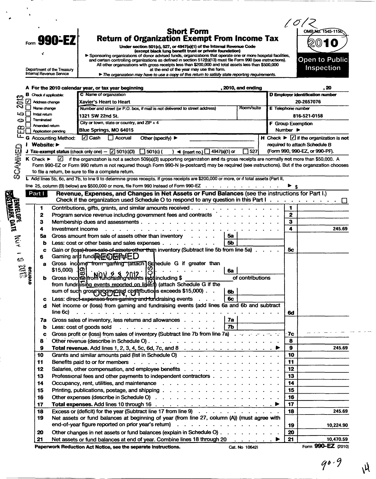 Image of first page of 2010 Form 990EZ for Xaviers Heart To Heart Foundation