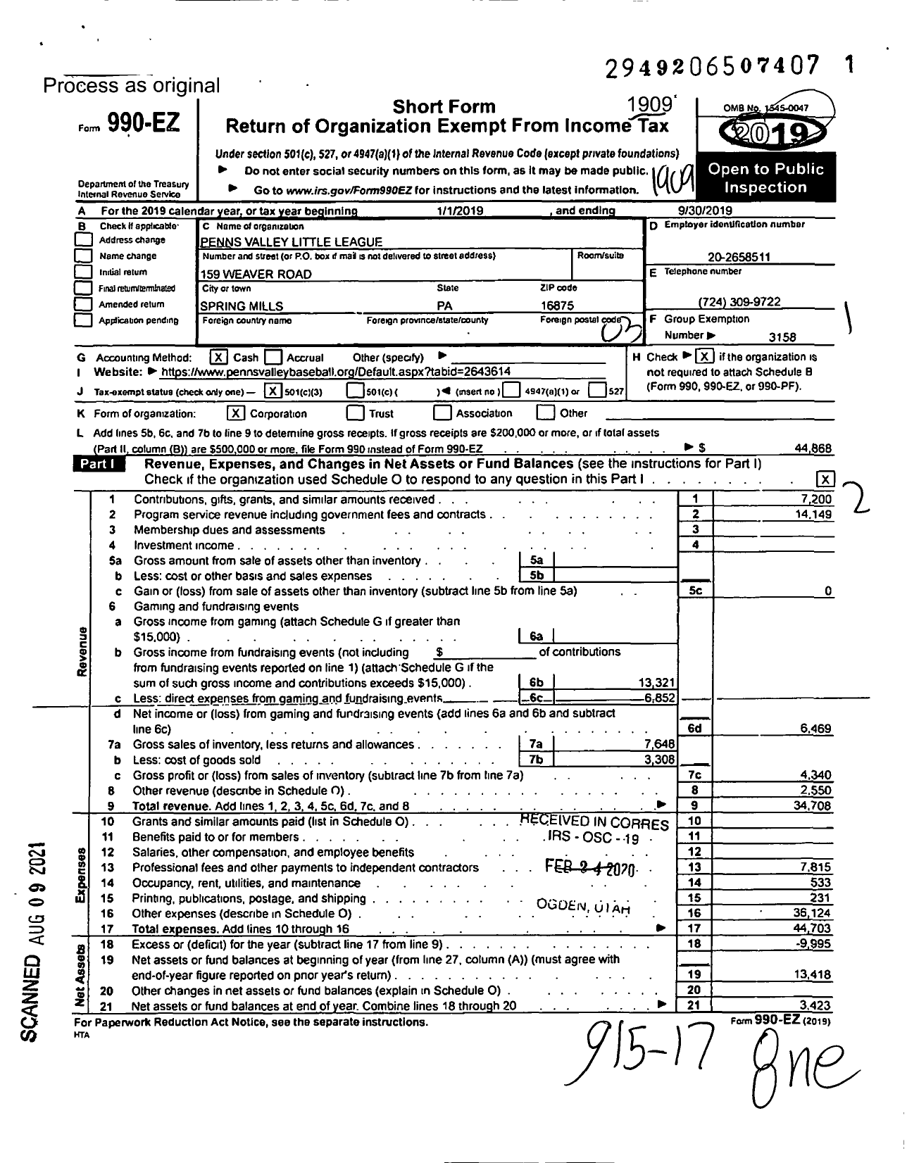 Image of first page of 2018 Form 990EZ for Little League Baseball - 193814 Penns Valley LL