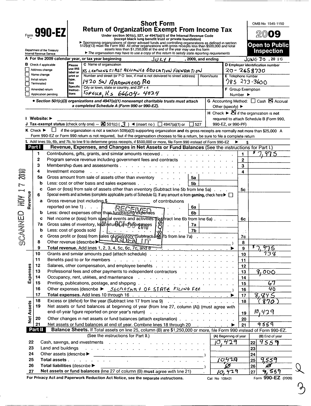 Image of first page of 2009 Form 990EZ for Kansas Learning First Alliance Education Foundation