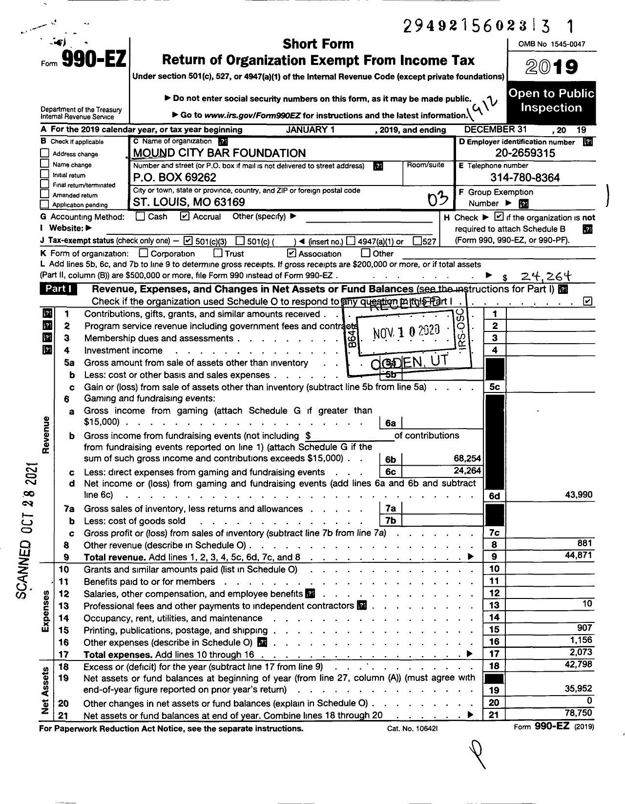 Image of first page of 2019 Form 990EZ for Mound City Bar Foundation