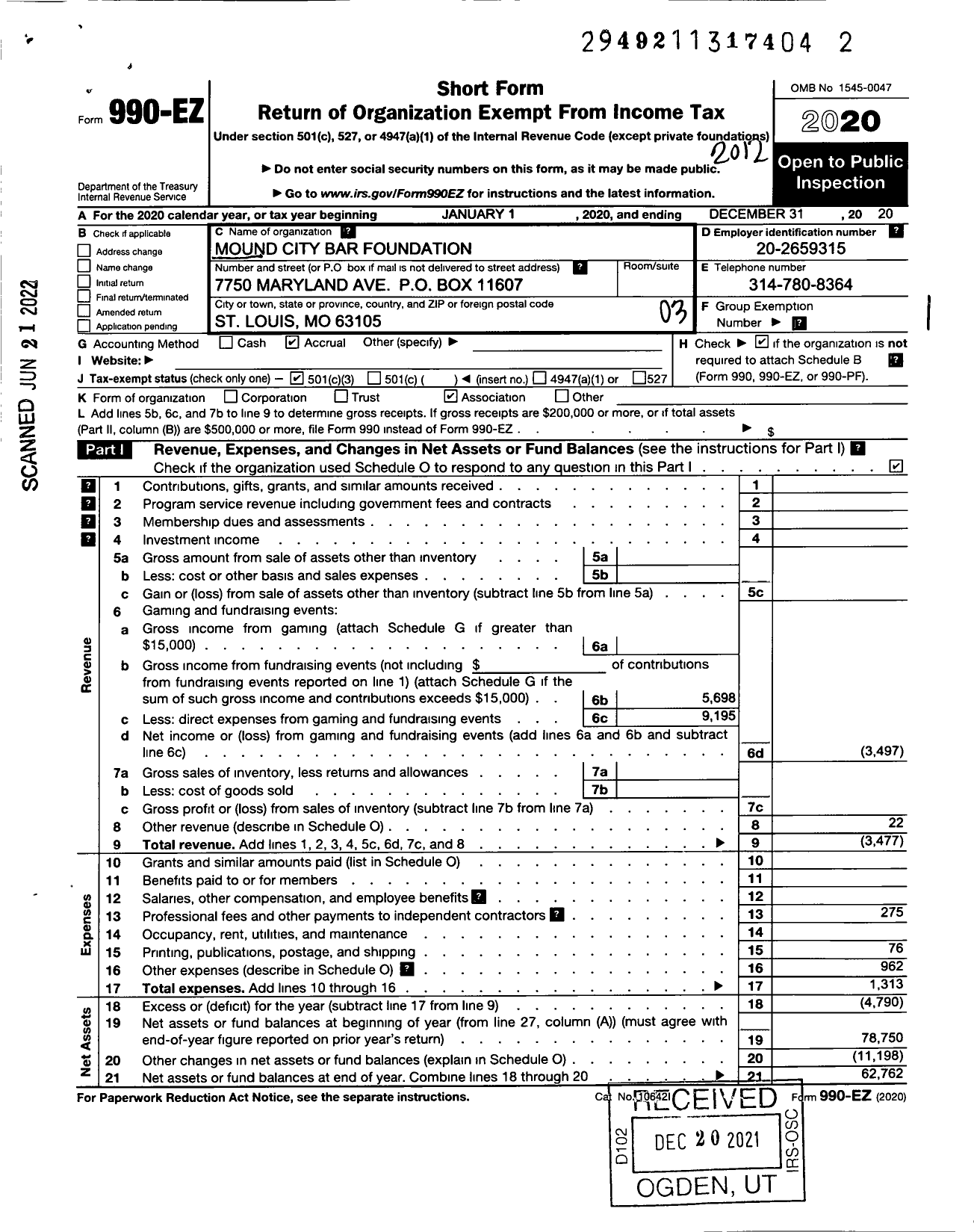 Image of first page of 2020 Form 990EZ for Mound City Bar Foundation