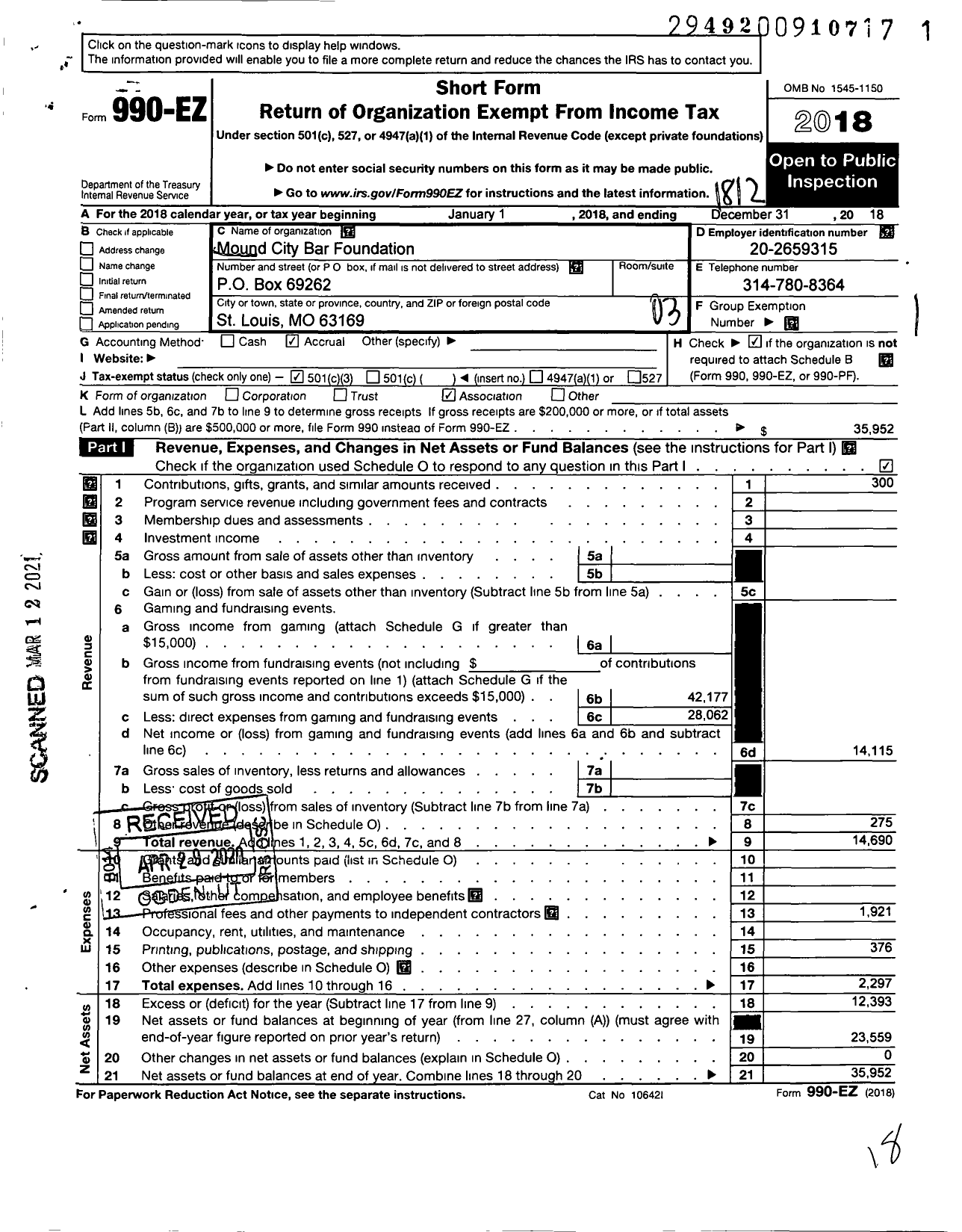 Image of first page of 2018 Form 990EZ for Mound City Bar Foundation