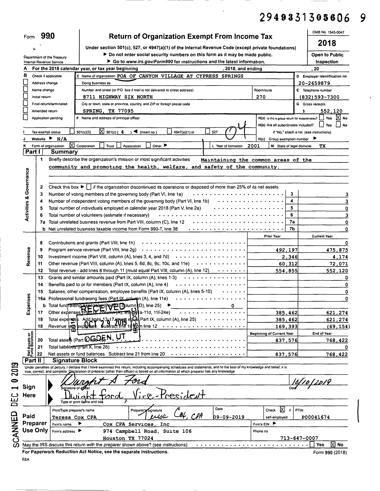 Image of first page of 2018 Form 990O for Poa of Canyon Village at Cypress Springs