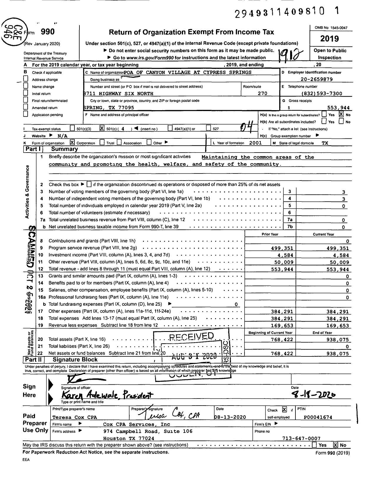 Image of first page of 2019 Form 990O for Poa of Canyon Village at Cypress Springs