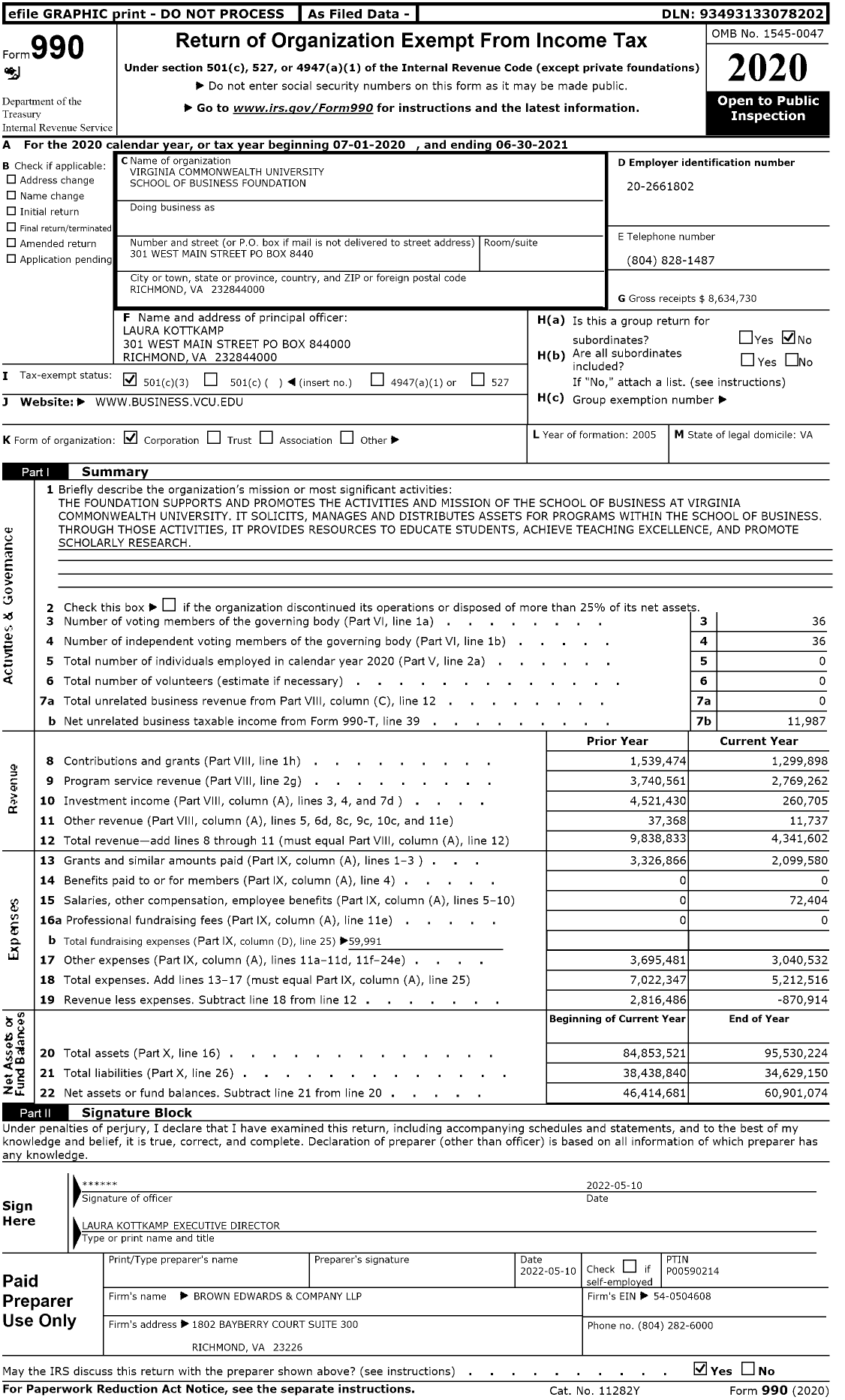 Image of first page of 2020 Form 990 for Virginia Commonwealth University School of Business Foundation