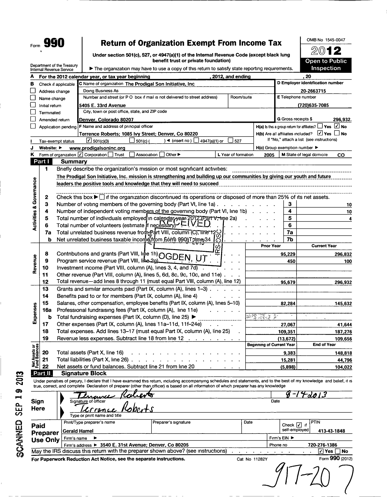 Image of first page of 2012 Form 990 for Prodigal Son Initiative