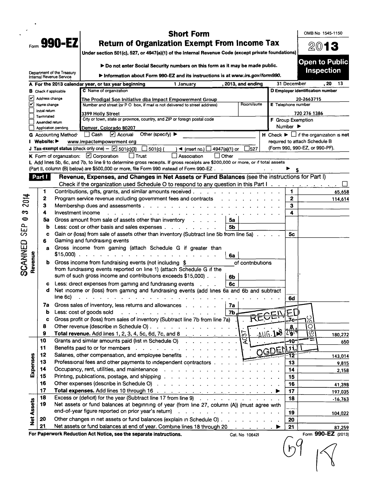 Image of first page of 2013 Form 990EZ for Prodigal Son Initiative