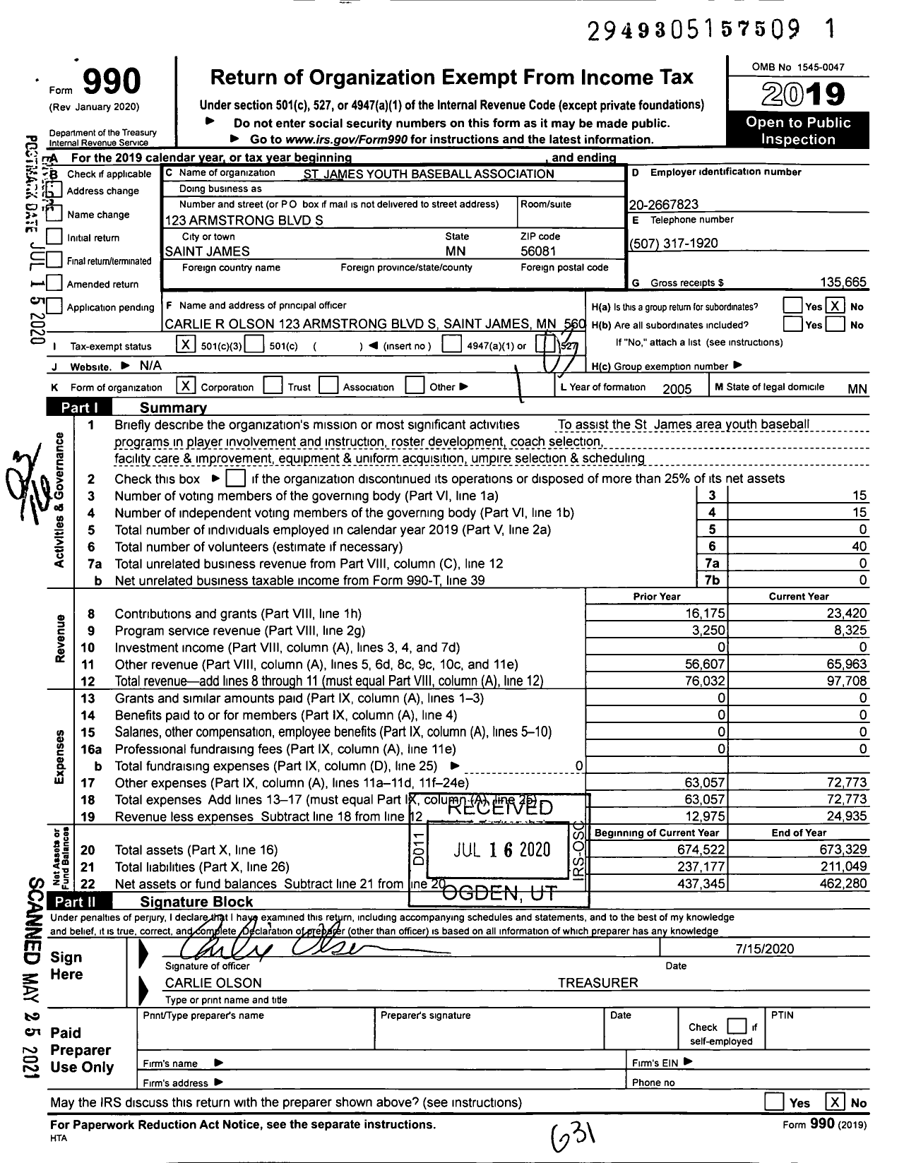 Image of first page of 2019 Form 990 for St James Youth Baseball Association