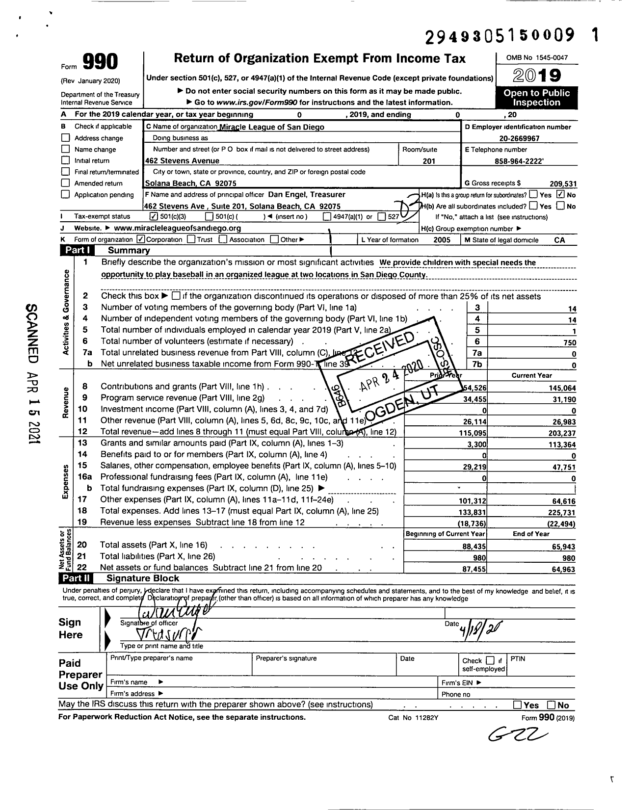 Image of first page of 2019 Form 990 for Miracle League of San Diego