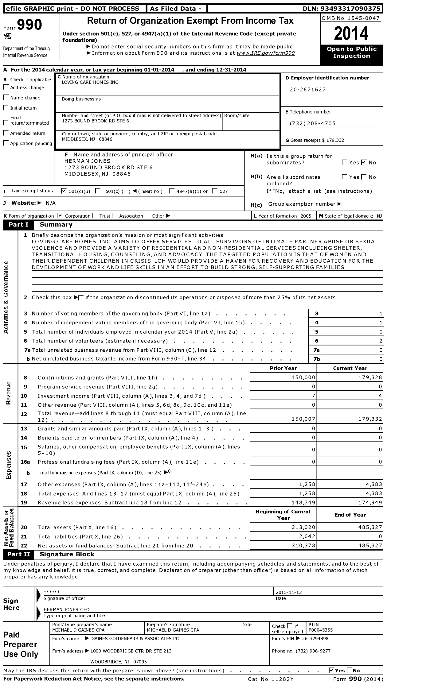 Image of first page of 2014 Form 990 for Loving Care Homes