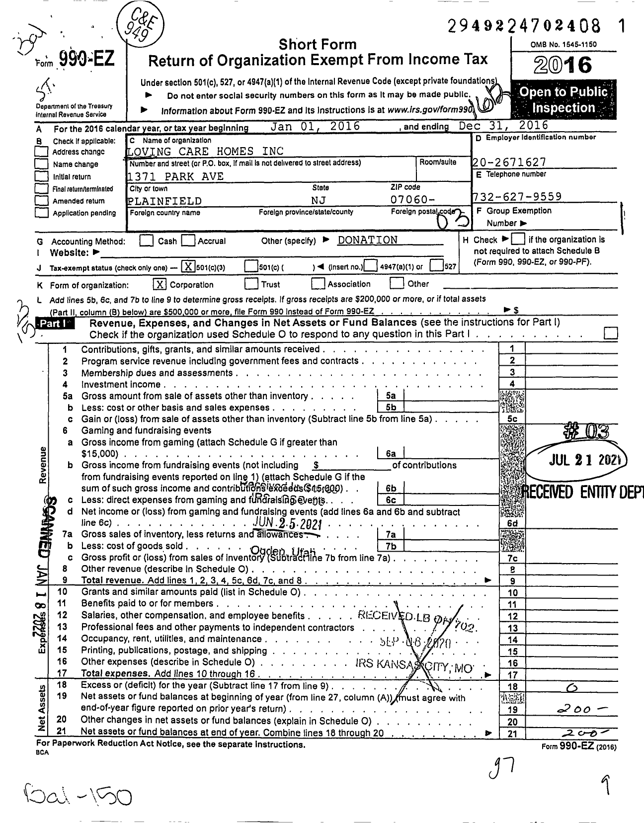 Image of first page of 2016 Form 990EZ for Loving Care Homes