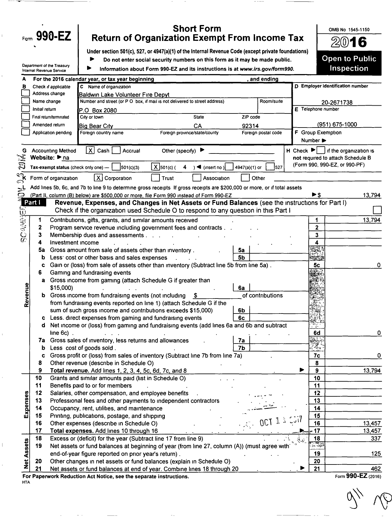 Image of first page of 2016 Form 990EO for Baldwin Lake Volunteer Fire Dept