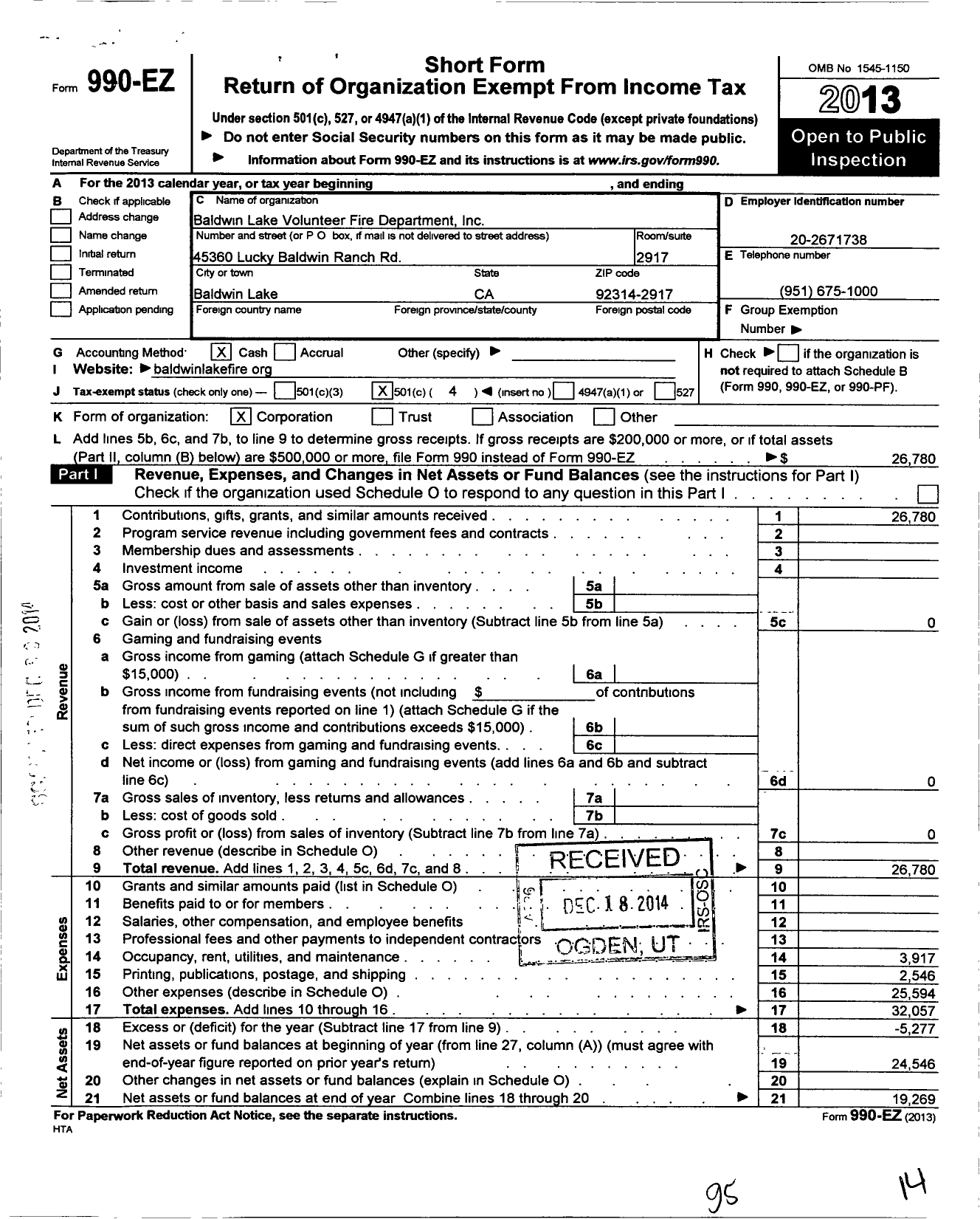 Image of first page of 2013 Form 990EO for Baldwin Lake Volunteer Fire Dept