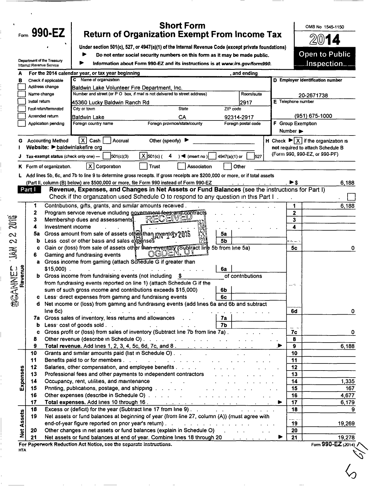 Image of first page of 2014 Form 990EO for Baldwin Lake Volunteer Fire Dept