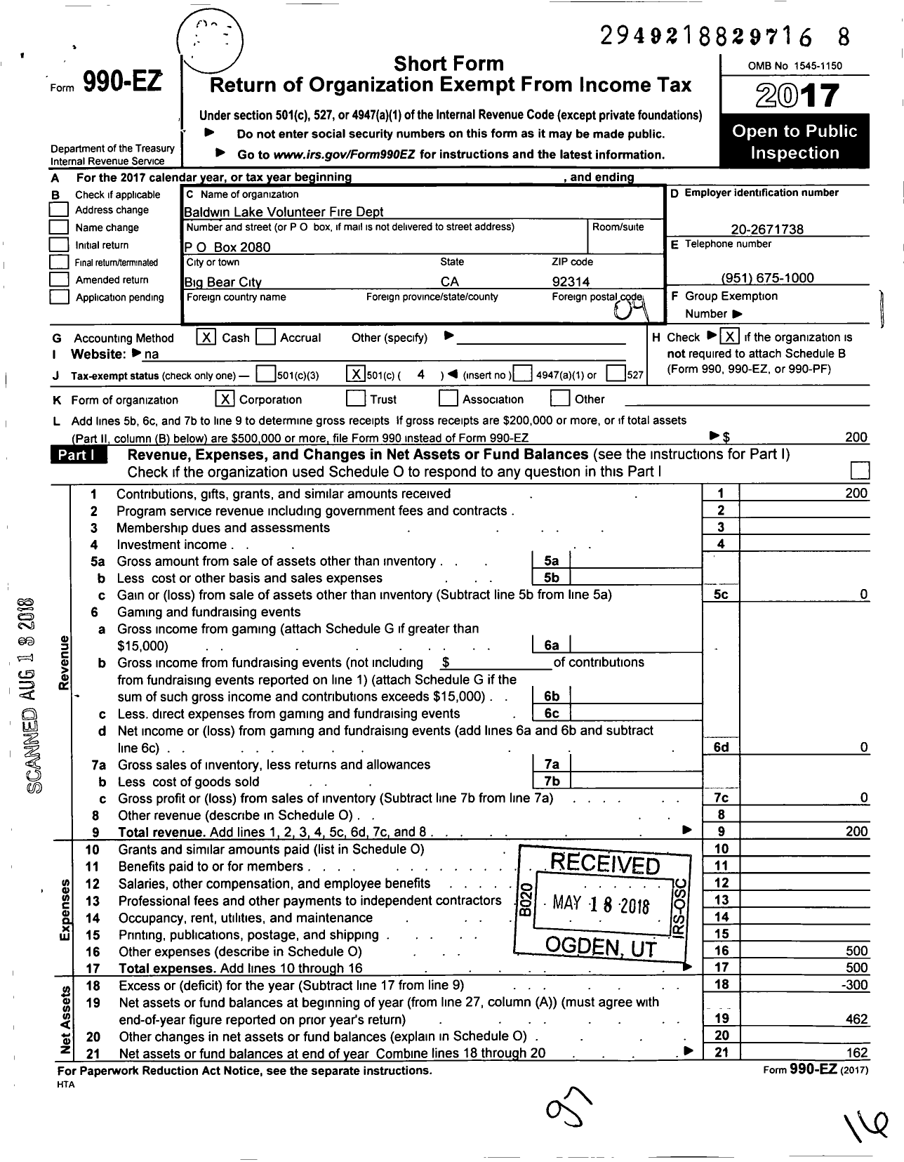 Image of first page of 2017 Form 990EO for Baldwin Lake Volunteer Fire Dept