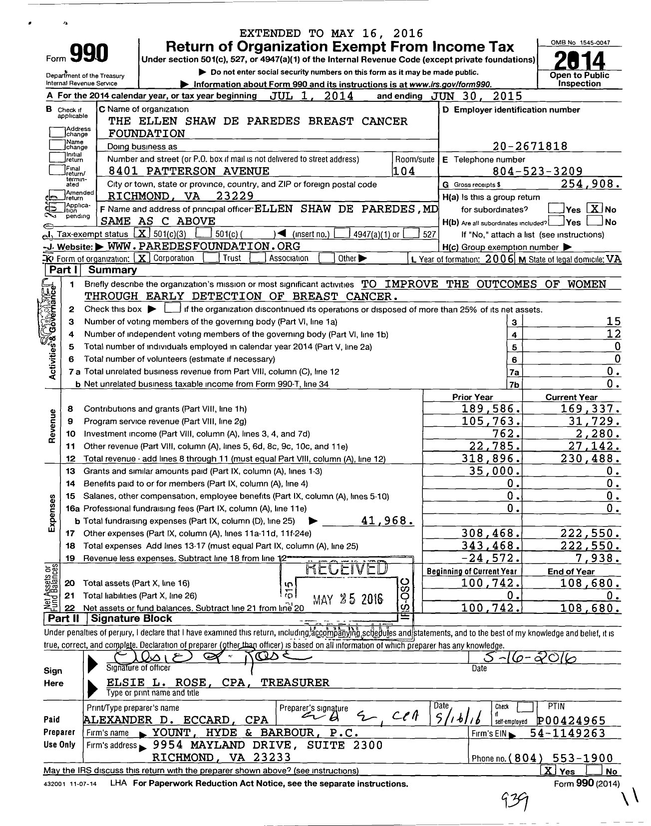 Image of first page of 2014 Form 990 for The Ellen Shaw de Paredes Breast Cancer Foundation