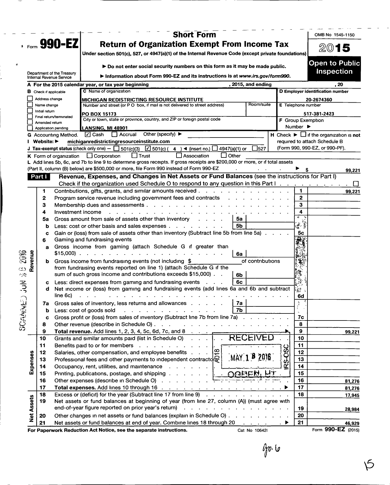 Image of first page of 2015 Form 990EO for Michigan Redistricting Resource Institute