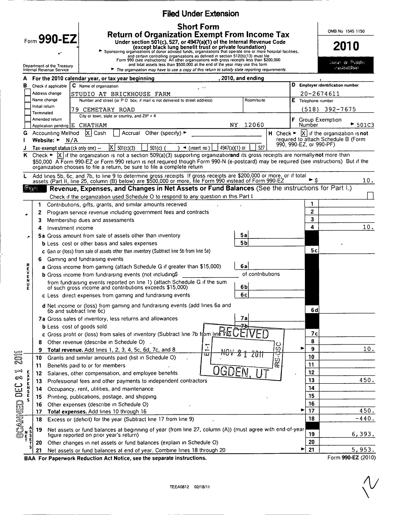 Image of first page of 2010 Form 990EZ for Studio at Brickhousefarm