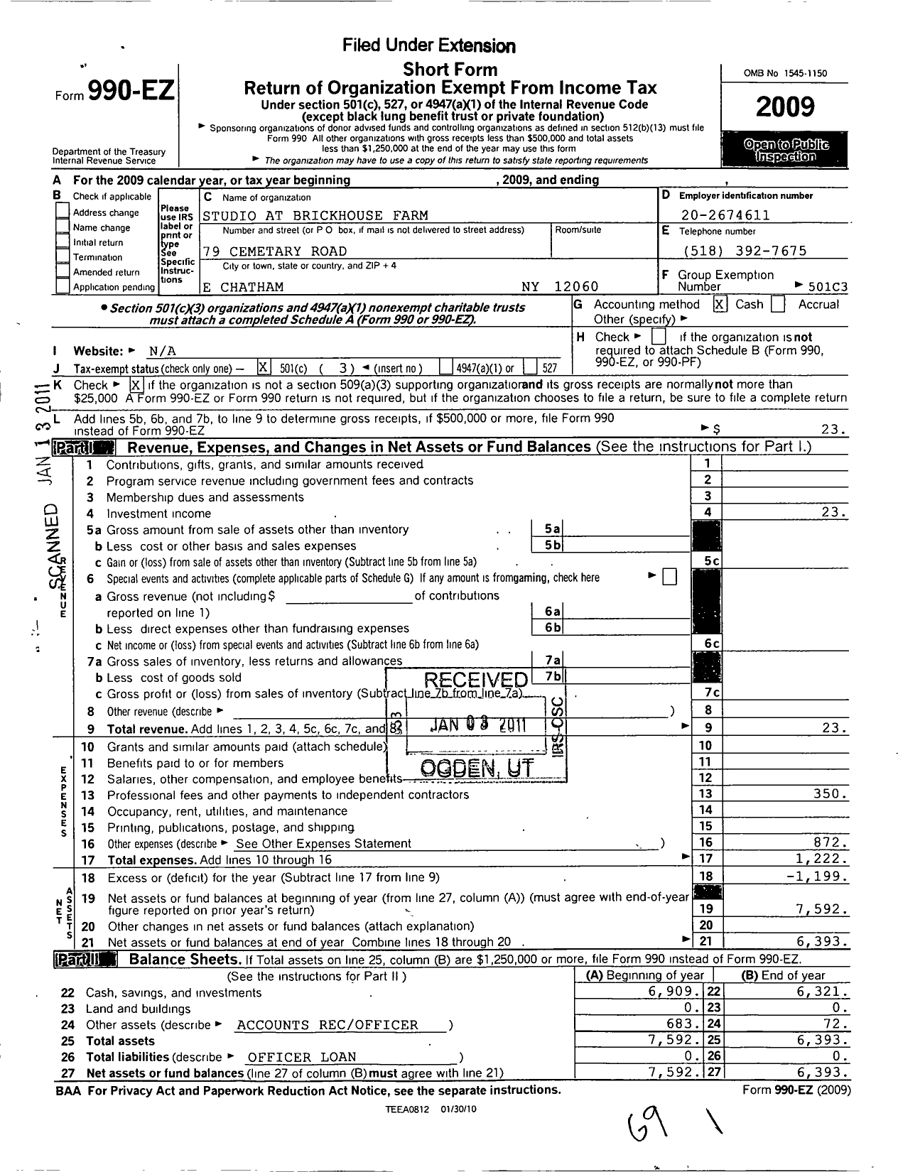 Image of first page of 2009 Form 990EZ for Studio at Brickhousefarm