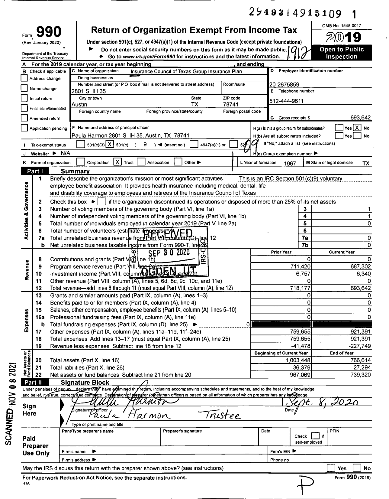 Image of first page of 2019 Form 990O for Insurance Council of Texas Group Insurance Plan