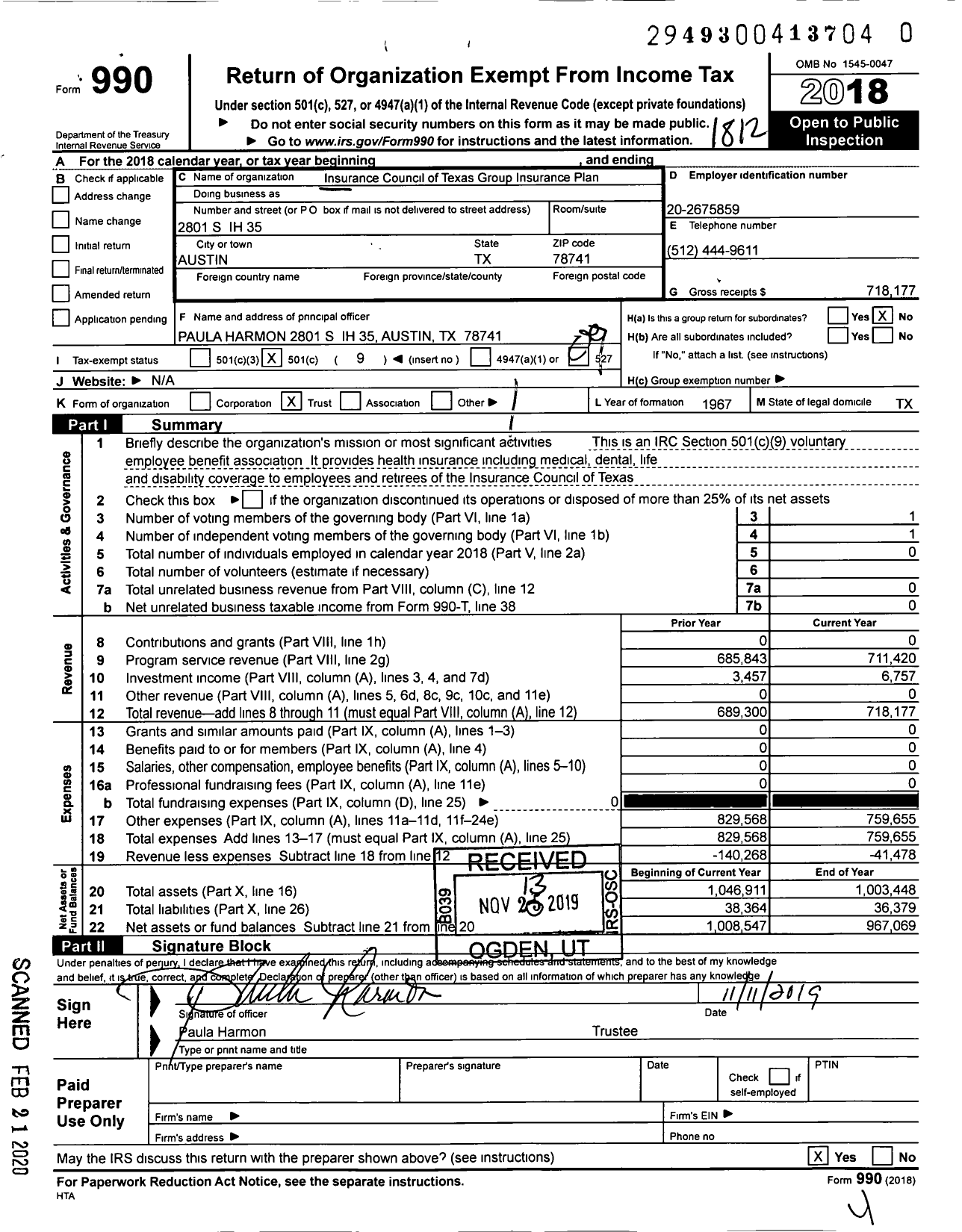 Image of first page of 2018 Form 990O for Insurance Council of Texas Group Insurance Plan