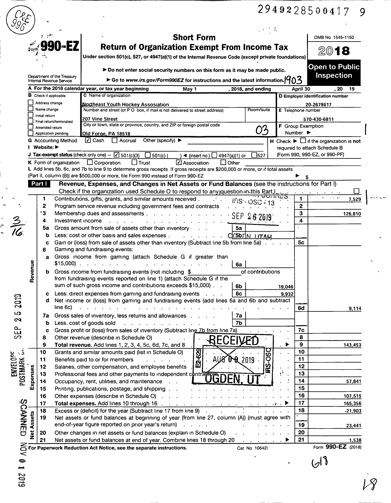 Image of first page of 2018 Form 990EZ for Northeast Youth Hockey Association