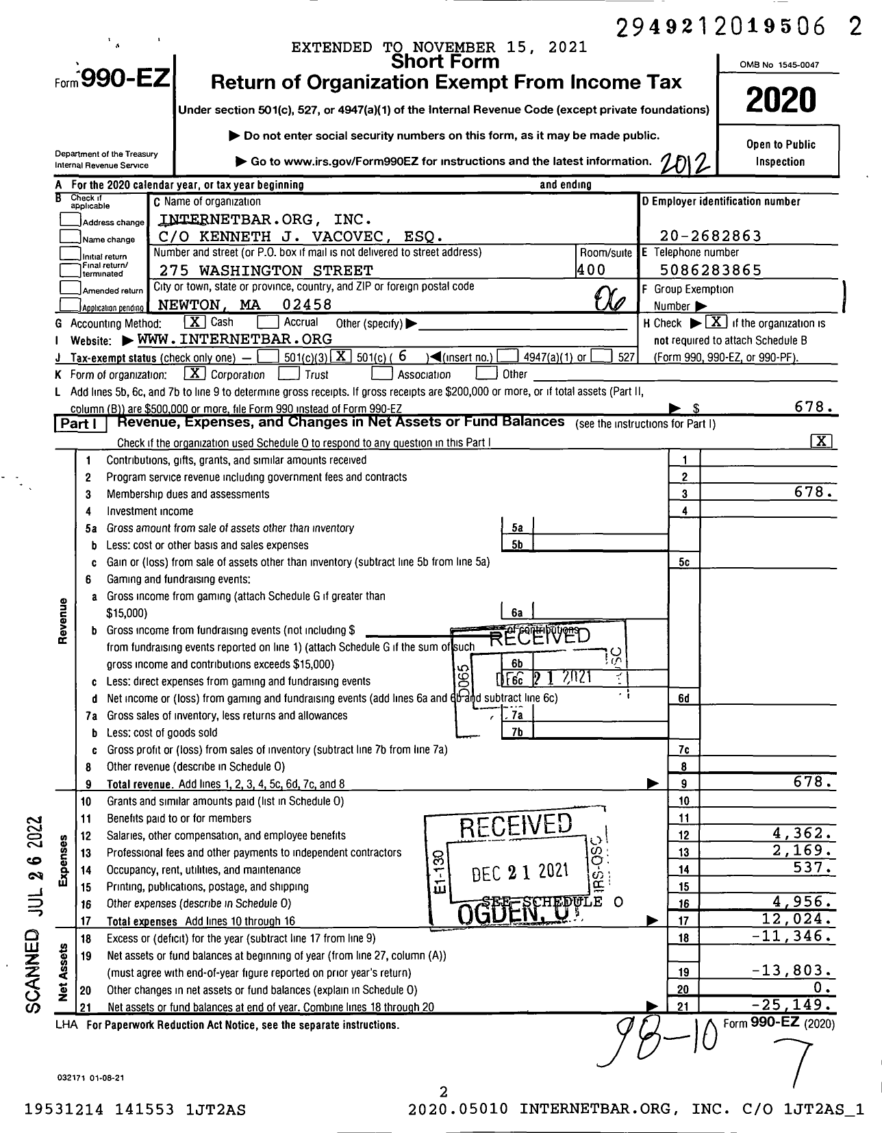 Image of first page of 2020 Form 990EO for Internetbarorg