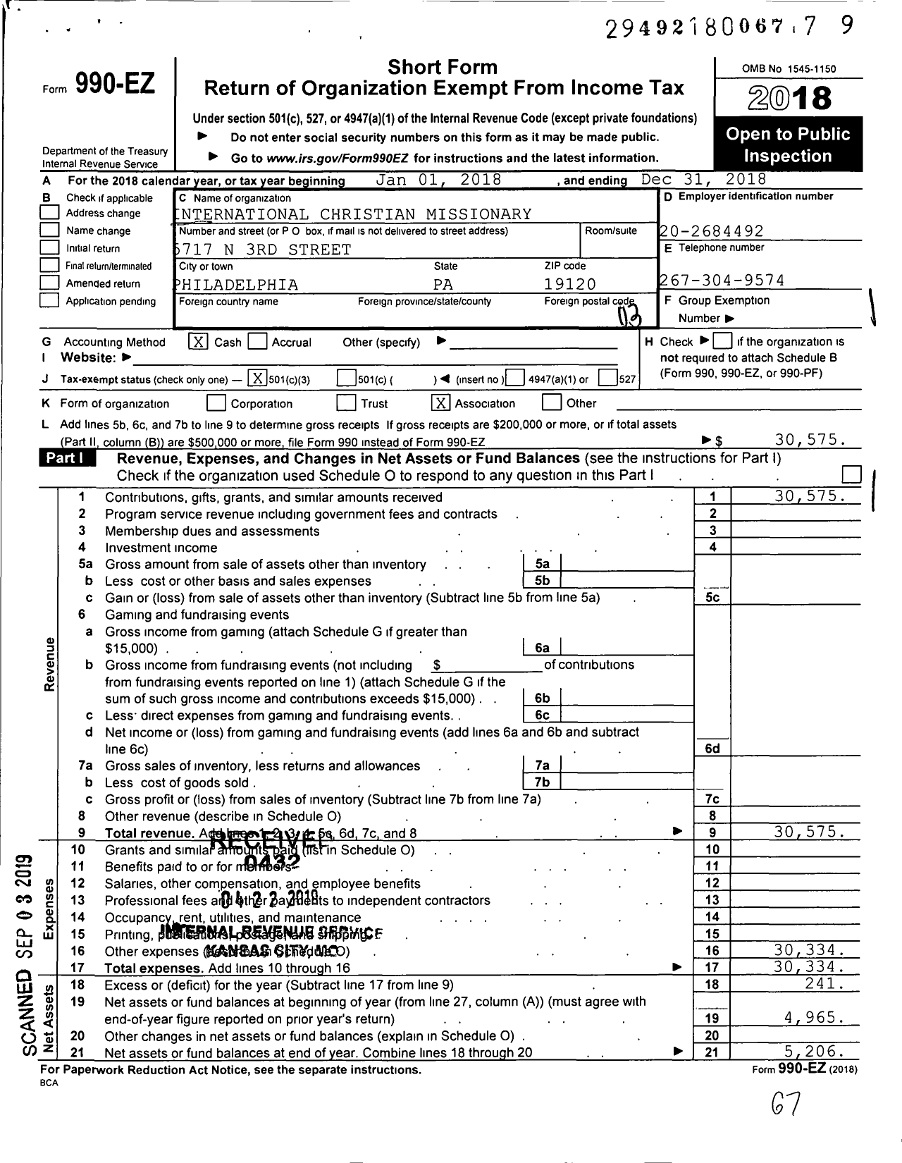 Image of first page of 2018 Form 990EZ for International Christian Missionary