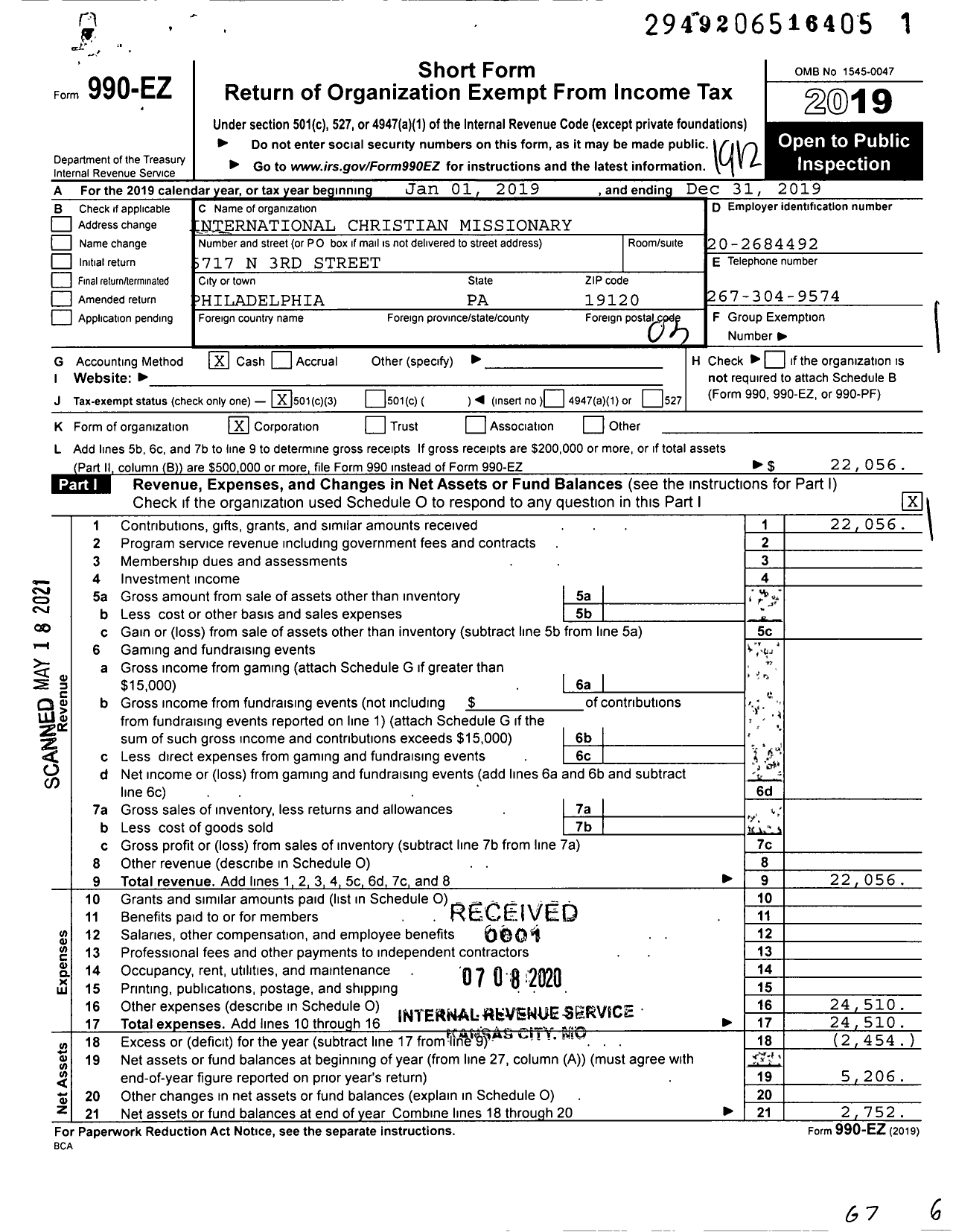 Image of first page of 2019 Form 990EZ for International Christian Missionary