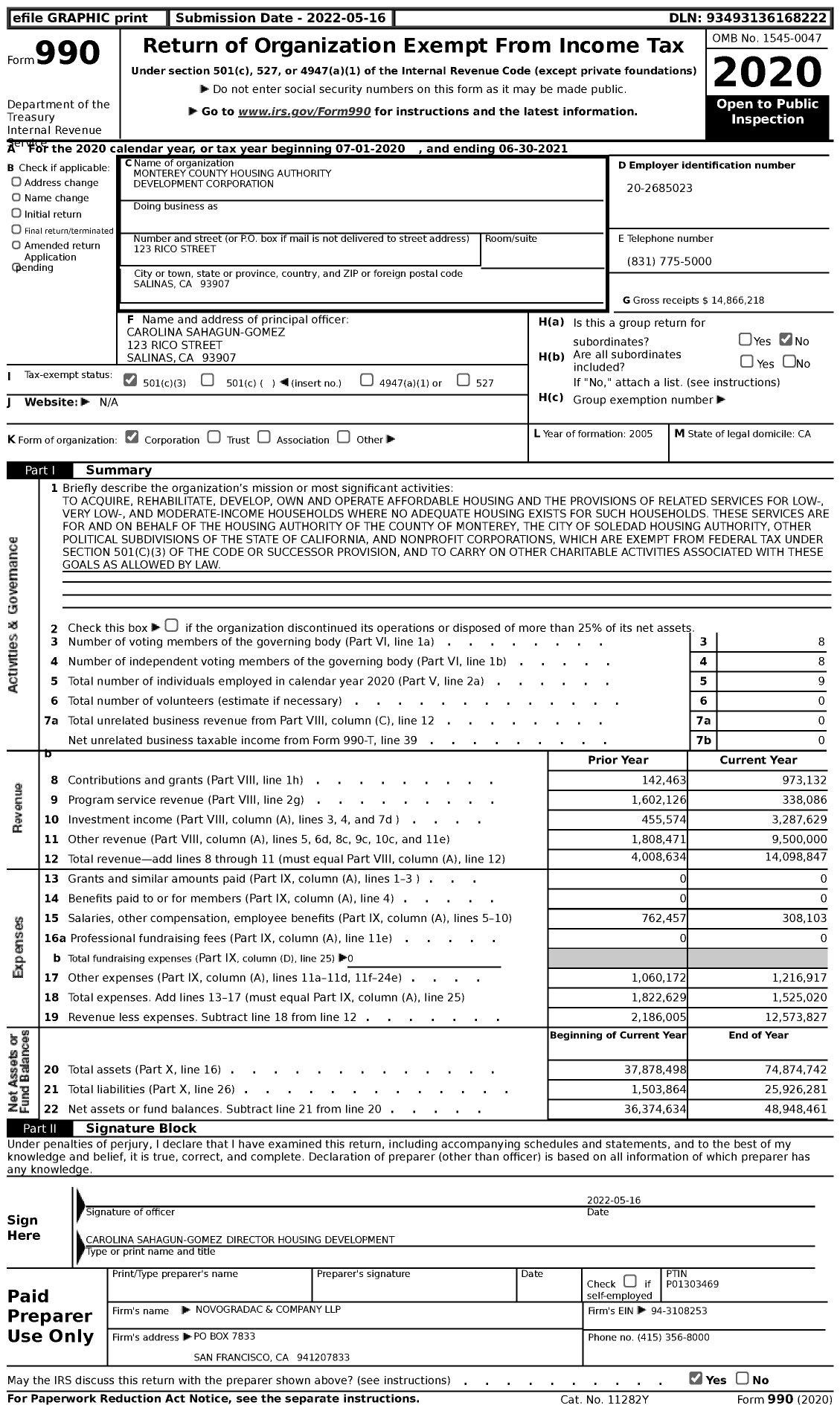 Image of first page of 2020 Form 990 for Monterey County Housing Authority Development Corporation