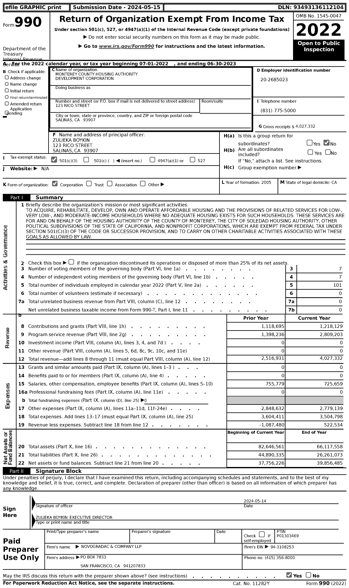 Image of first page of 2022 Form 990 for Monterey County Housing Authority Development Corporation