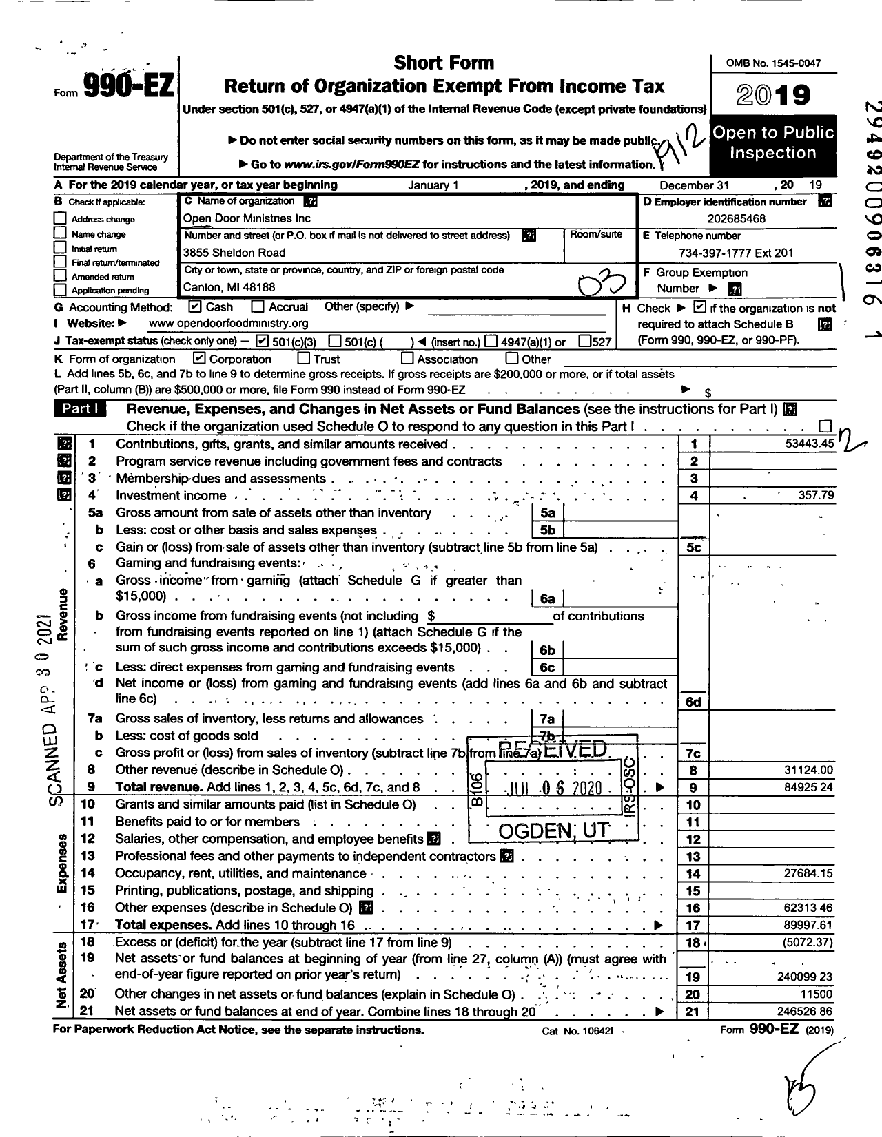 Image of first page of 2019 Form 990EZ for Open Door Ministries