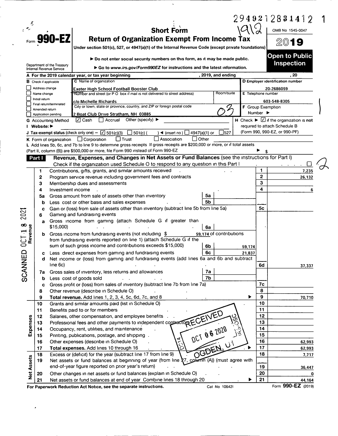 Image of first page of 2019 Form 990EZ for Exeter High School Football Booster Club