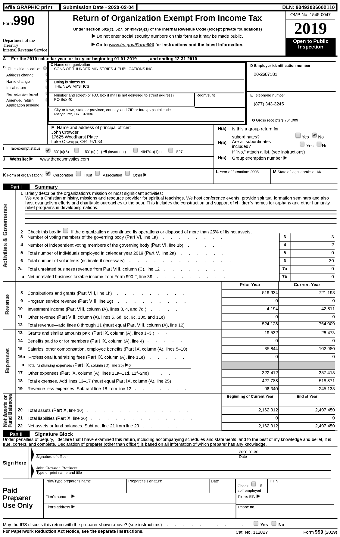 Image of first page of 2019 Form 990 for The New Mystics