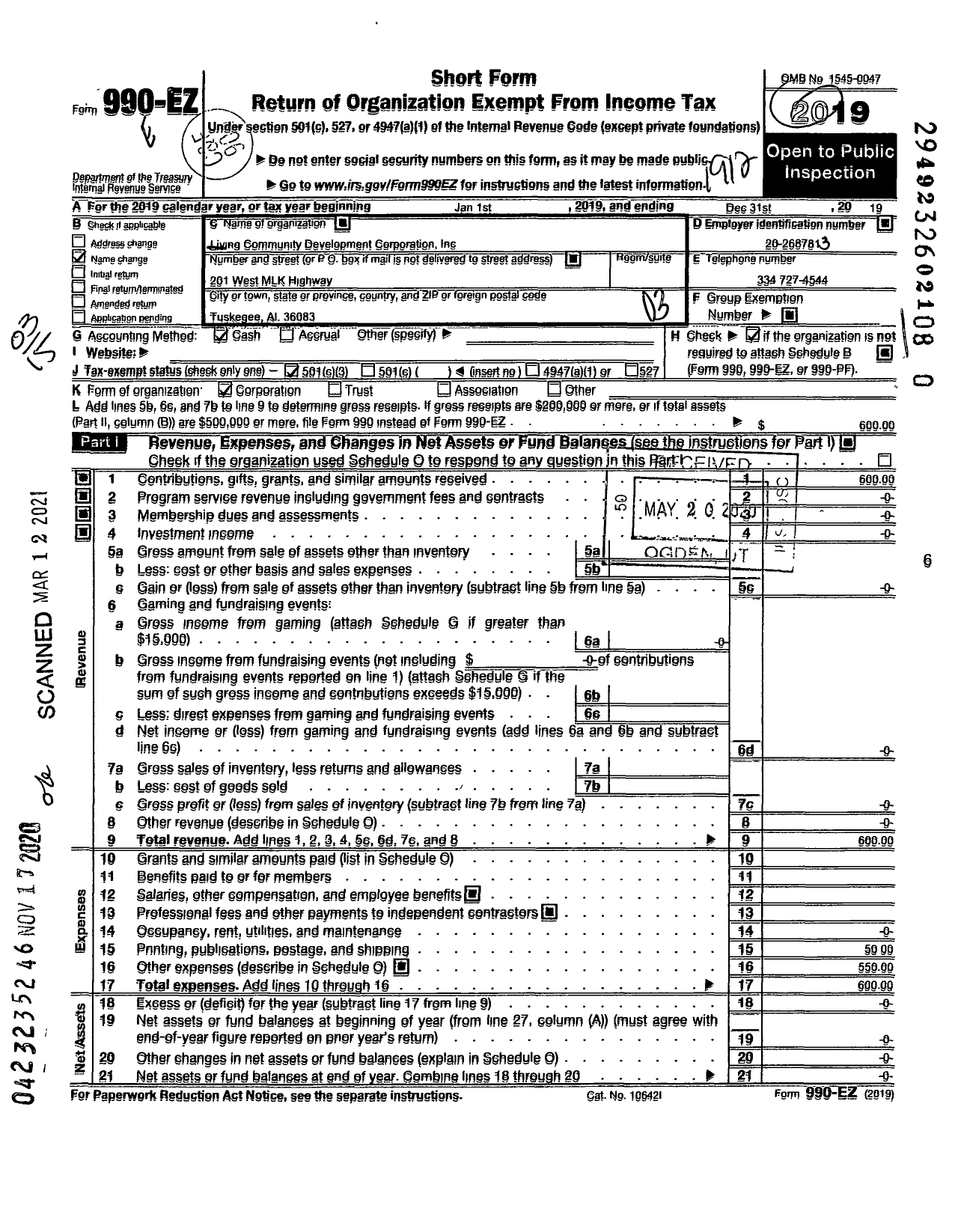 Image of first page of 2019 Form 990EZ for Living Community Development Corporation