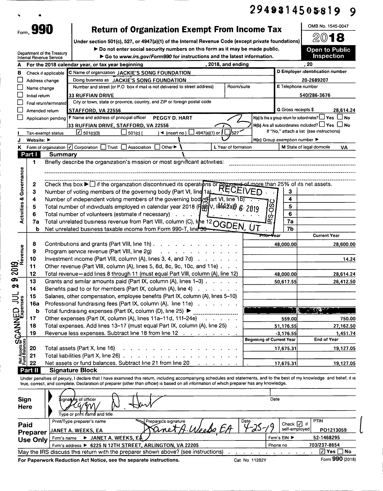 Image of first page of 2018 Form 990 for Jackies Song Foundation