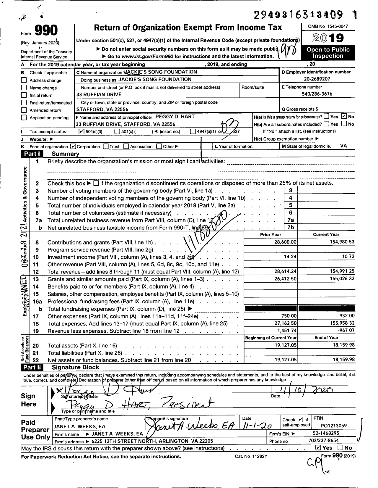 Image of first page of 2019 Form 990 for Jackies Song Foundation