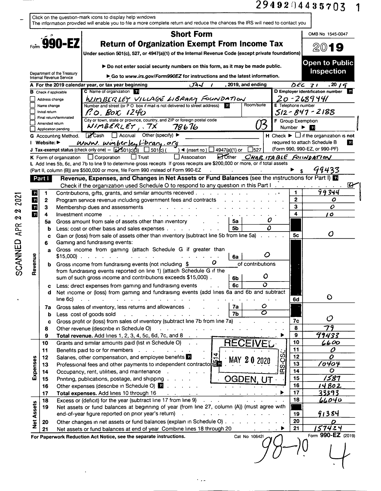 Image of first page of 2019 Form 990EZ for Wimberley Village Library Foundation