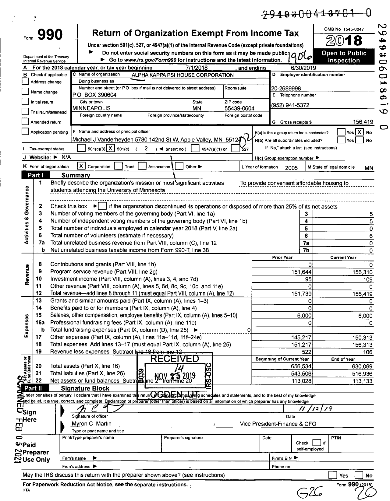 Image of first page of 2018 Form 990O for Alpha Kappa Si House Corporation