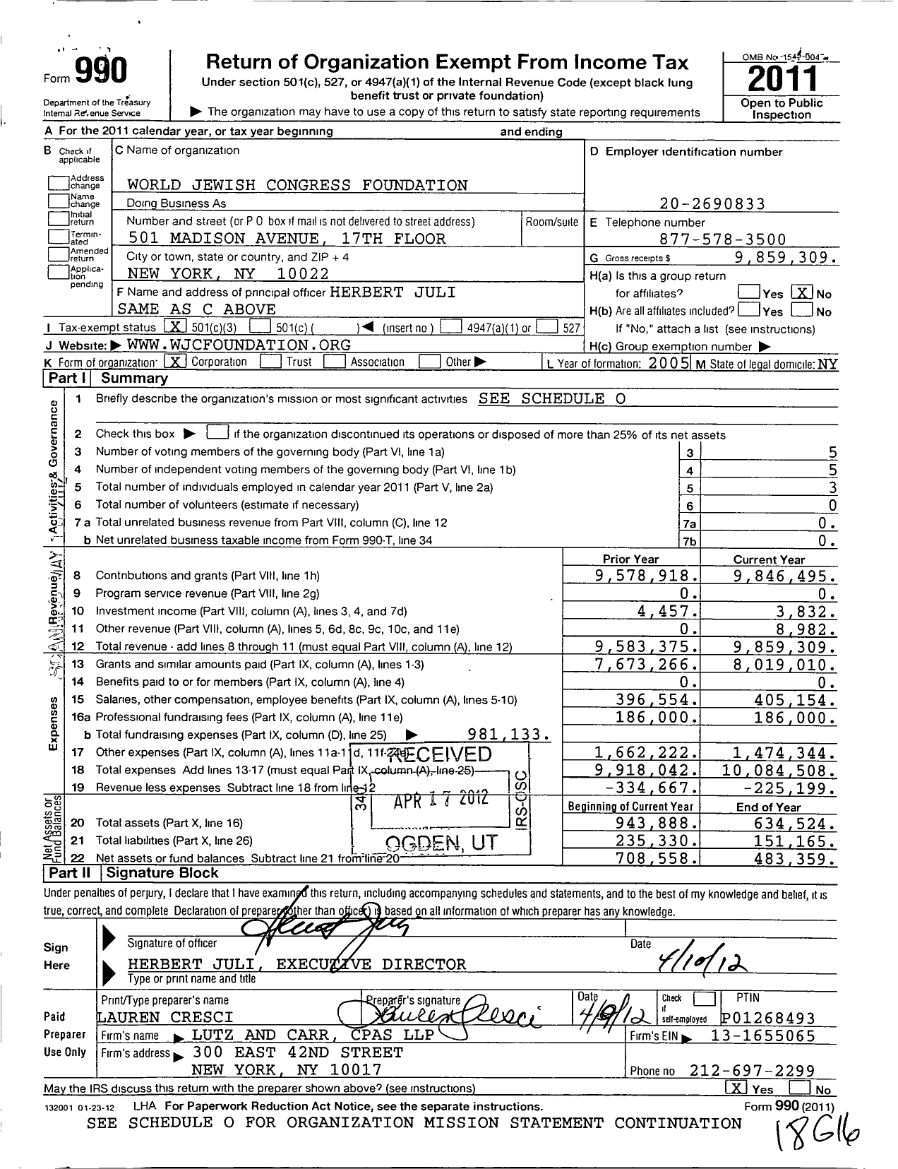 Image of first page of 2011 Form 990 for World Jewish Congress Foundation