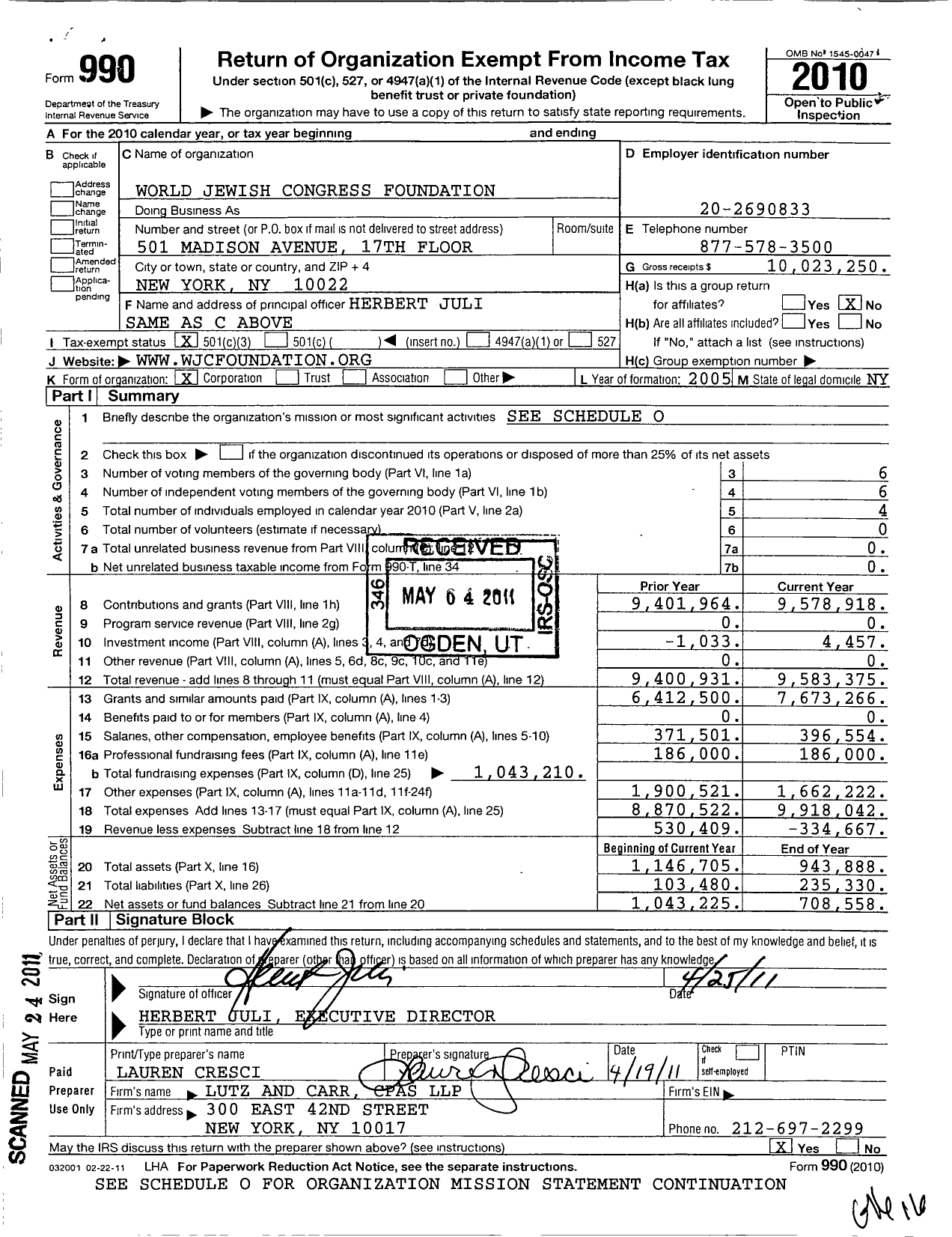 Image of first page of 2010 Form 990 for World Jewish Congress Foundation