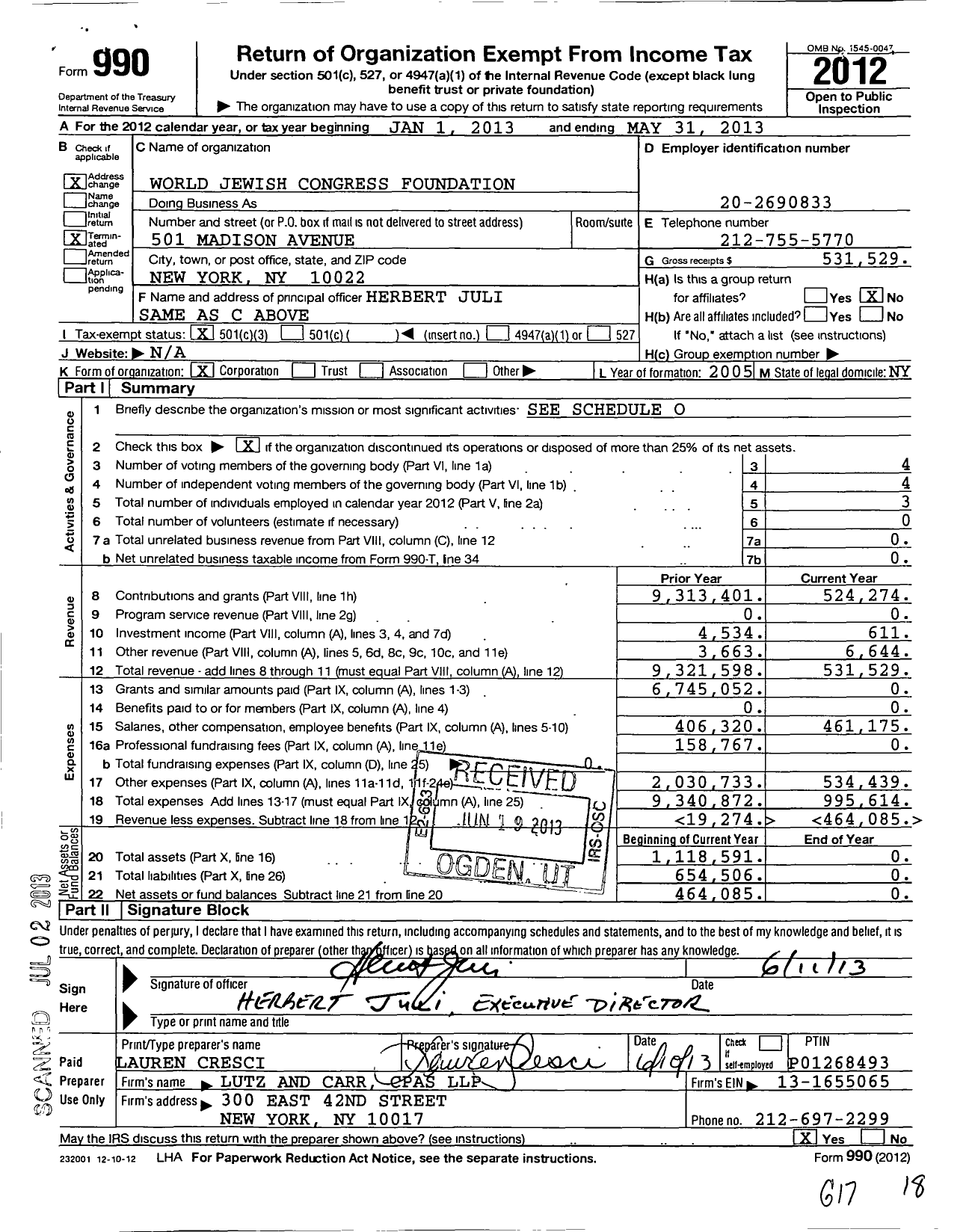 Image of first page of 2012 Form 990 for World Jewish Congress Foundation