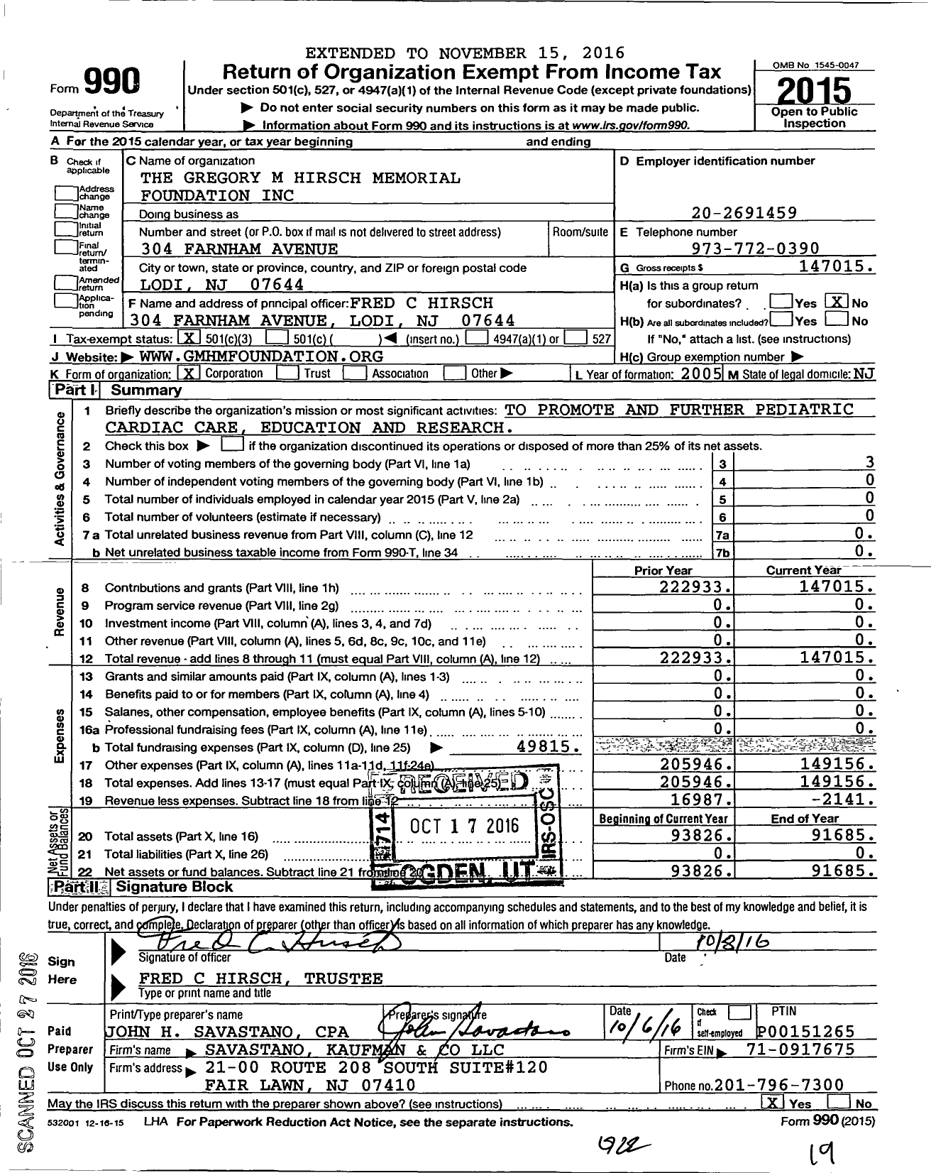 Image of first page of 2015 Form 990 for Gregory M Hirsch Memorial Foundation