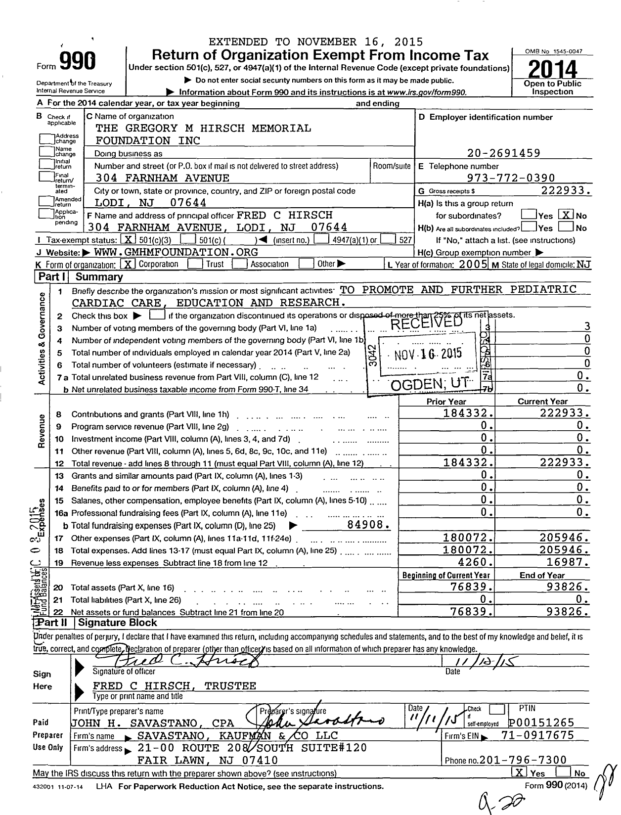 Image of first page of 2014 Form 990 for Gregory M Hirsch Memorial Foundation