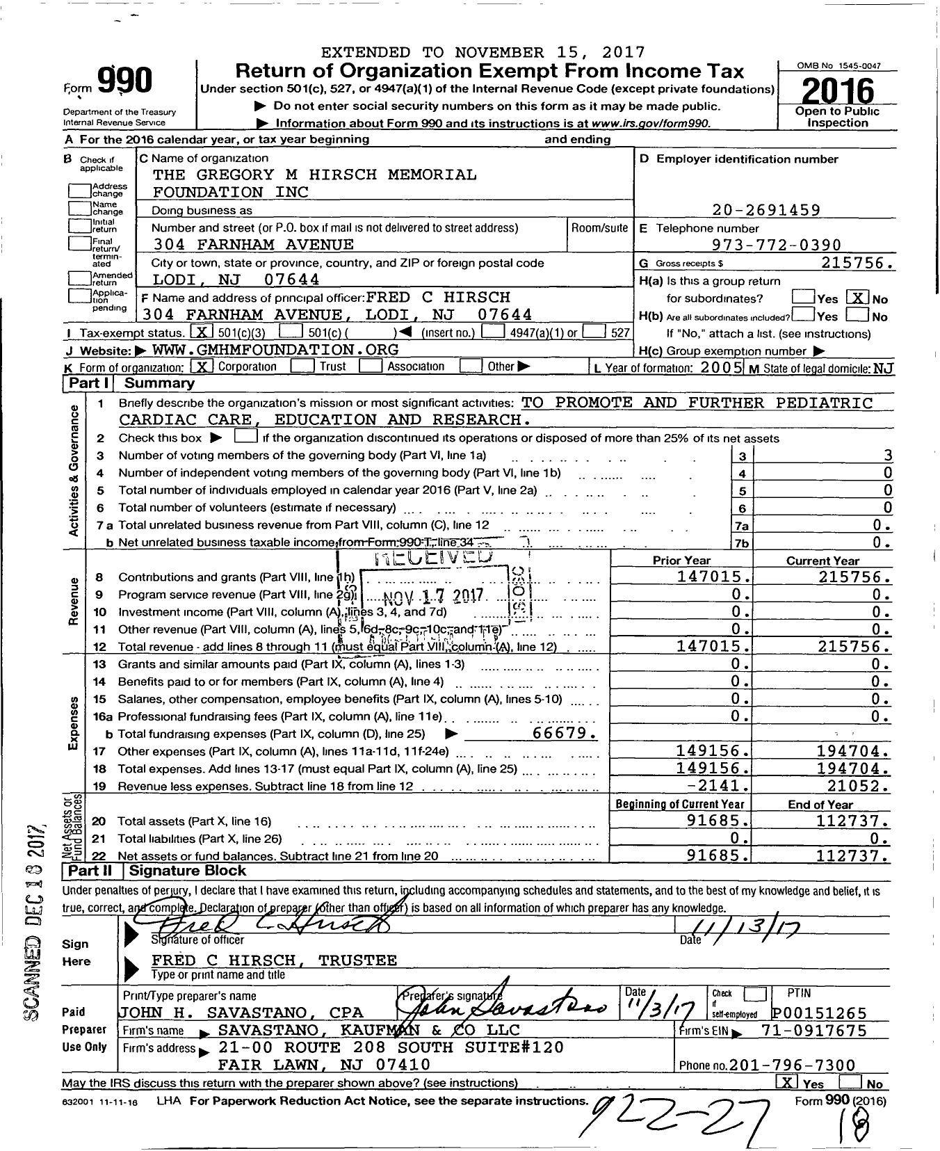 Image of first page of 2016 Form 990 for Gregory M Hirsch Memorial Foundation