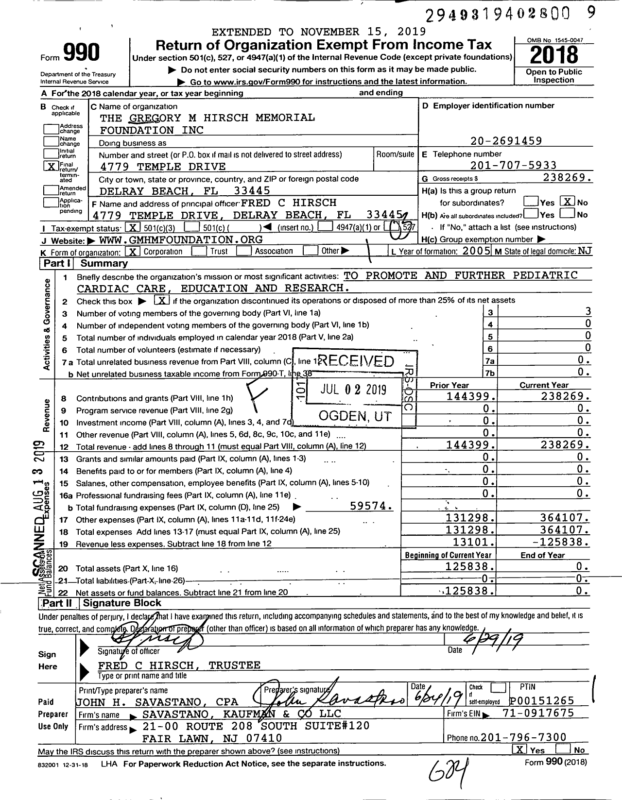 Image of first page of 2018 Form 990 for Gregory M Hirsch Memorial Foundation