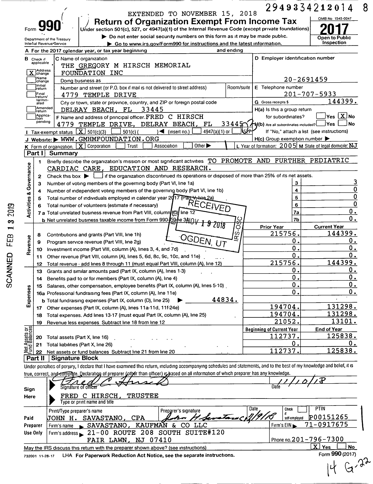 Image of first page of 2017 Form 990 for Gregory M Hirsch Memorial Foundation